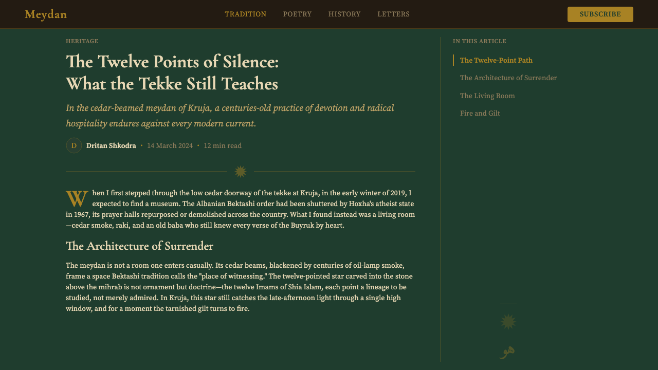 Albanian Bektashi Sufi (Tekke) design style applied to a Article page