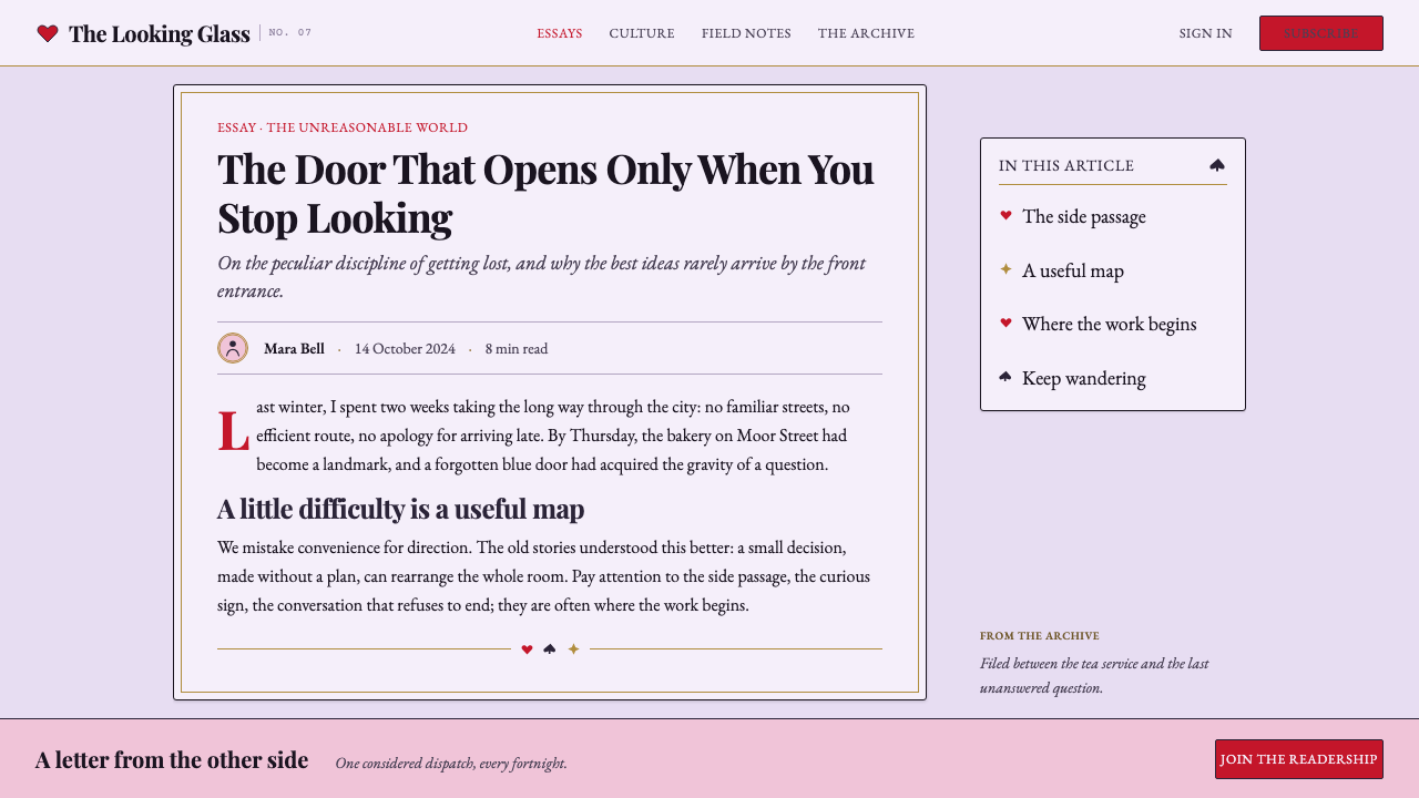 Alice in Wonderland (1865) design style applied to a Article page