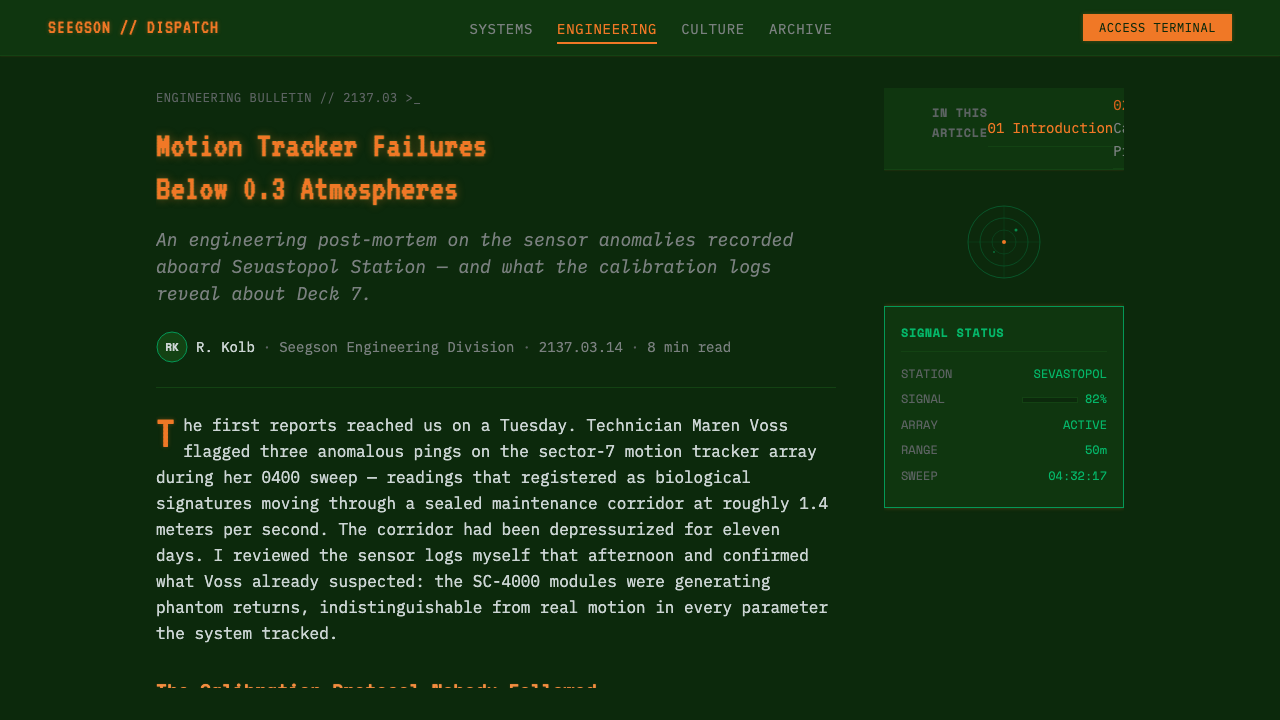 Alien: Isolation (Sevastopol) design style applied to a Article page