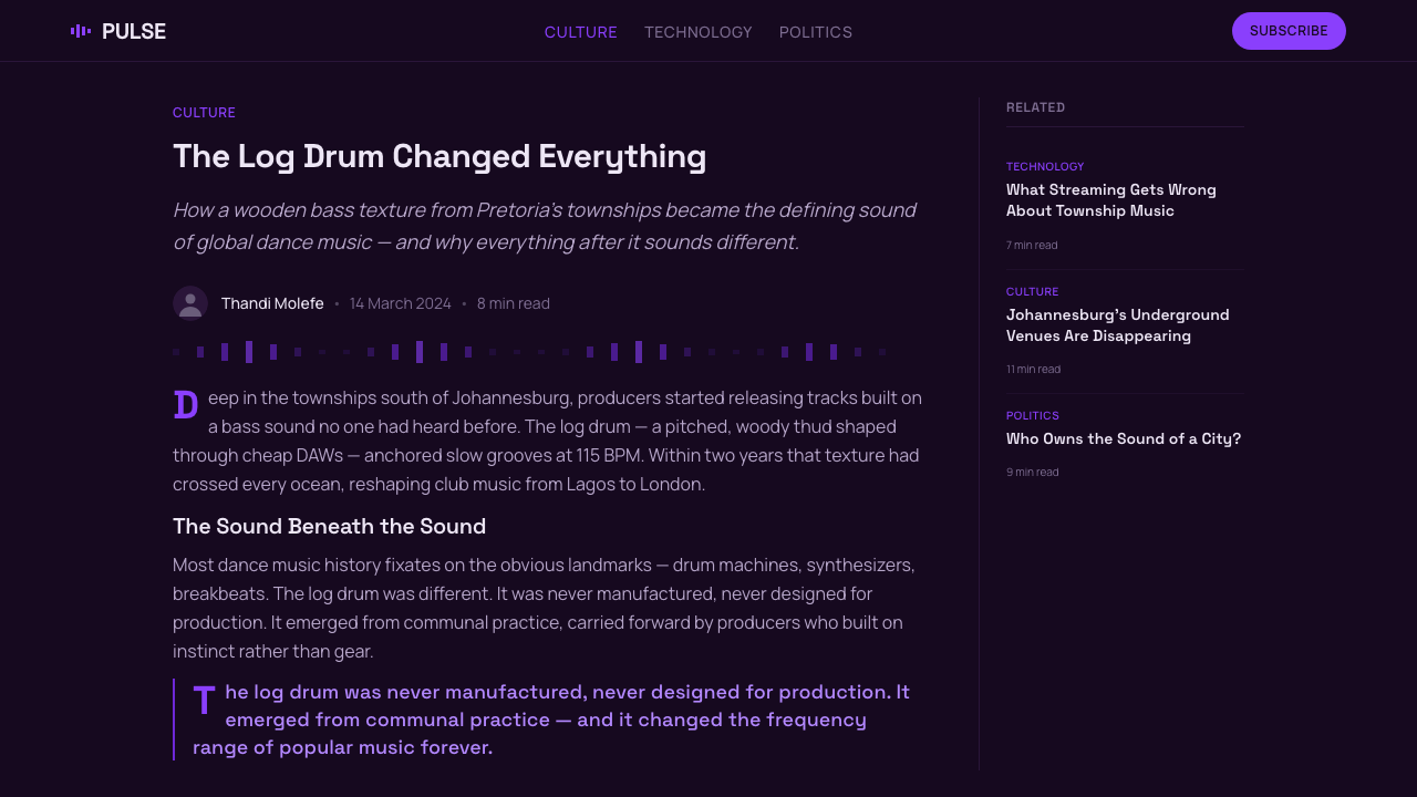Amapiano design style applied to a Article page