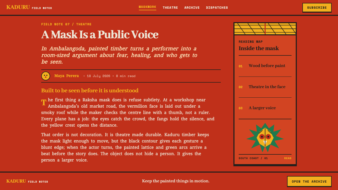 Ambalangoda Raksha Mask design style applied to a Article page