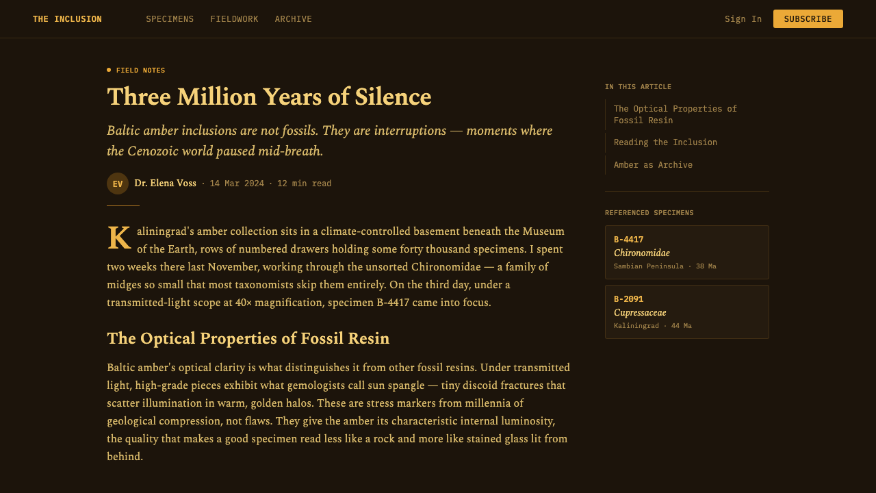 Amber Inclusion Specimen design style applied to a Article page