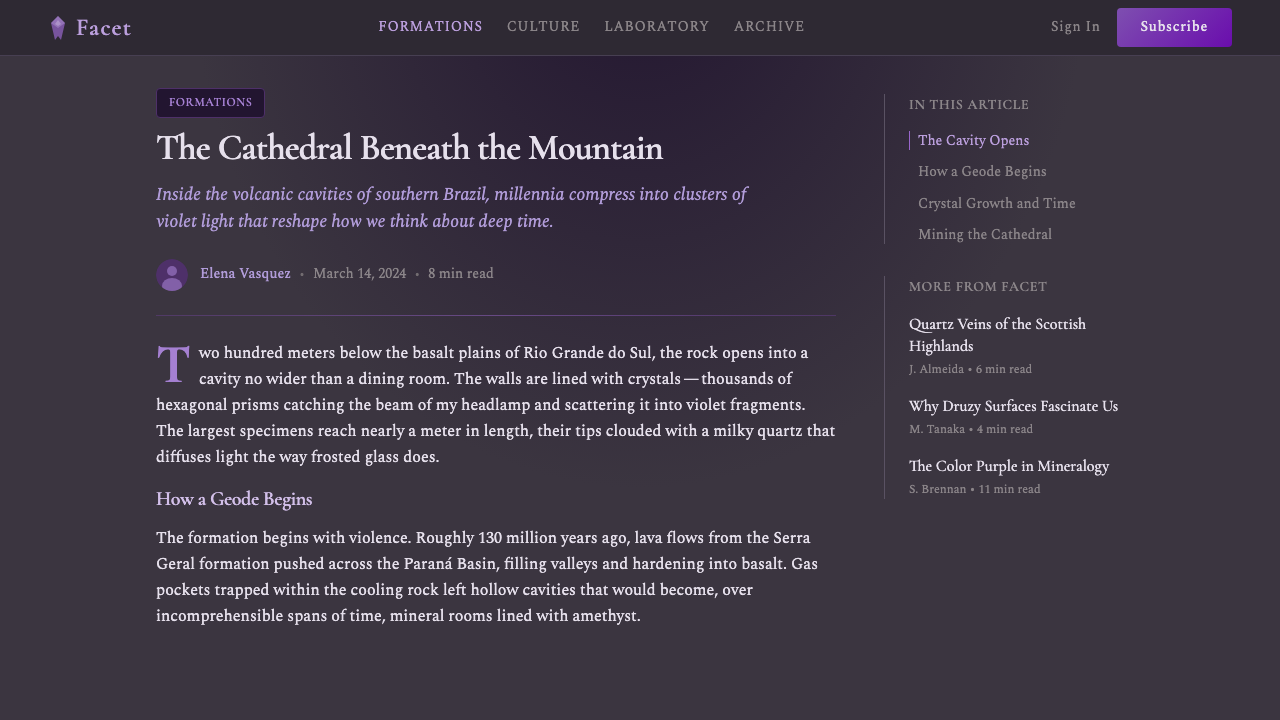 Amethyst Geode design style applied to a Article page