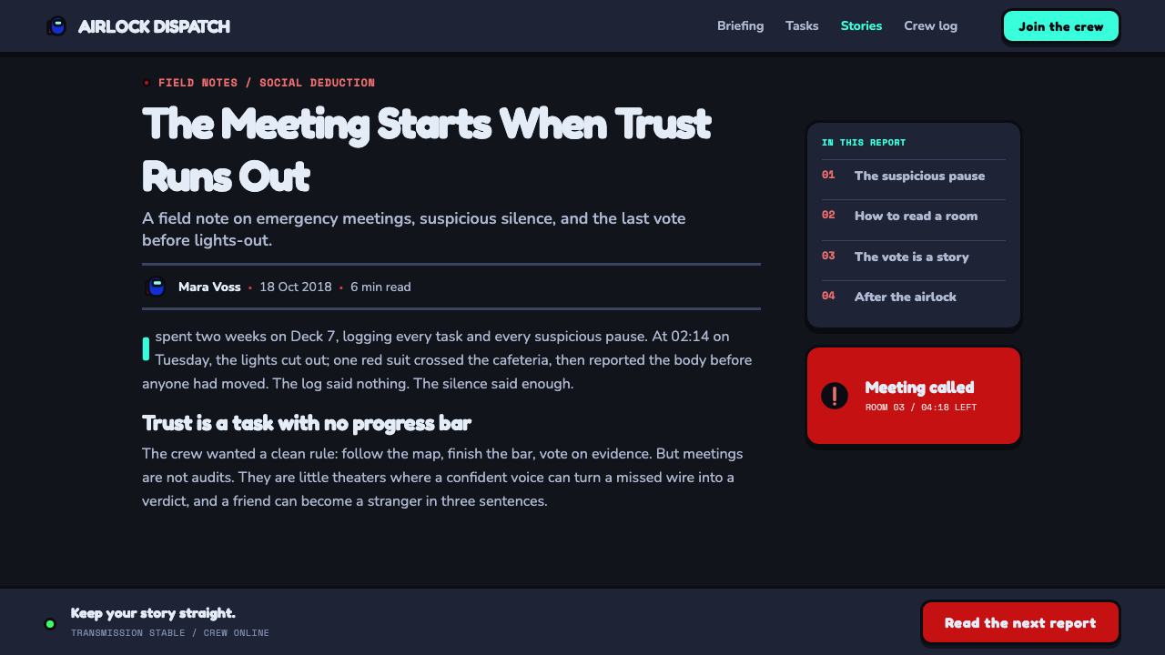 Among Us (crewmate space) design style applied to a Article page