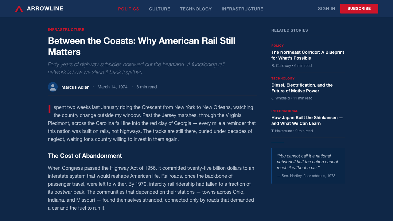 Amtrak Arrow (1971) design style applied to a Article page