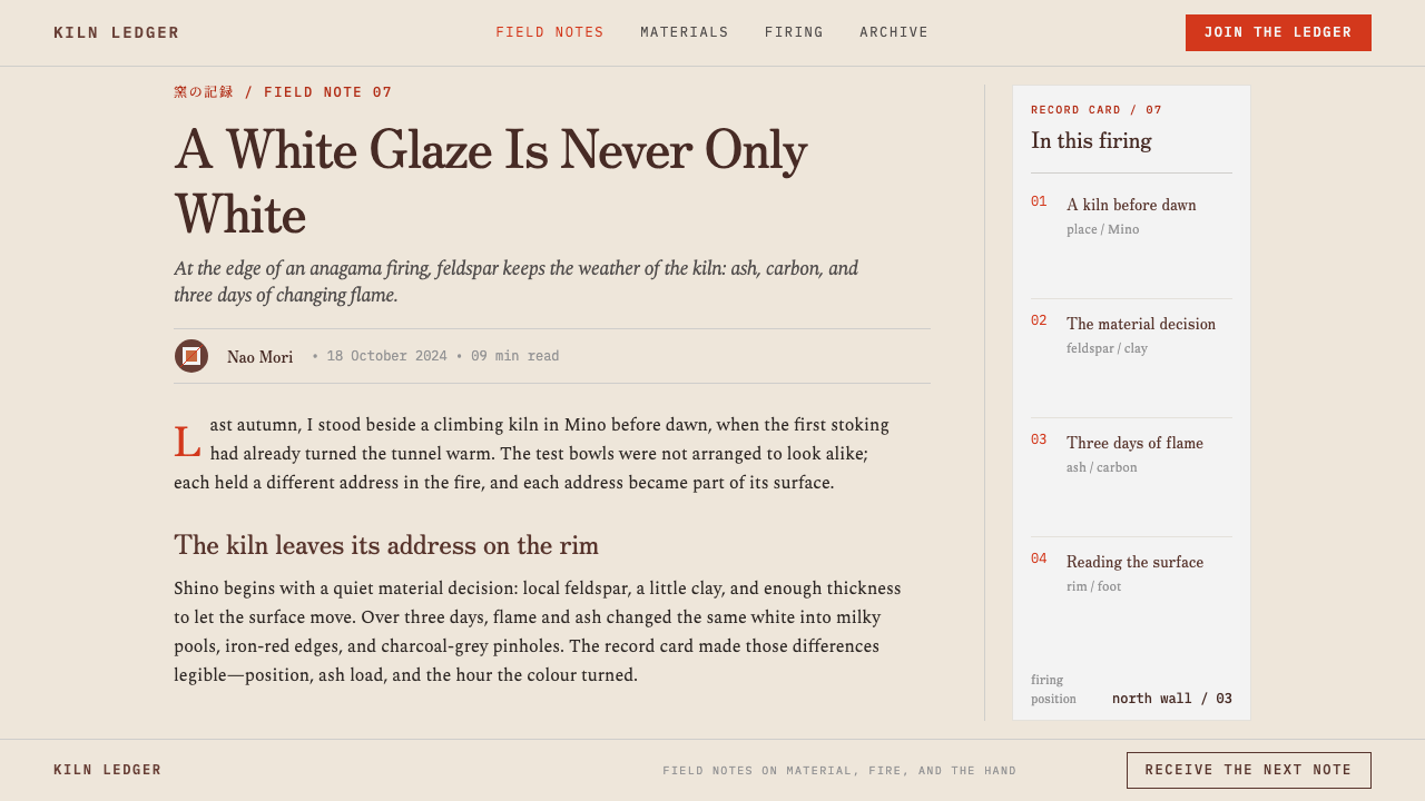 Anagama Shino Glaze design style applied to a Article page