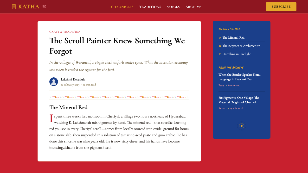 Andhra Cheriyal Scroll Painting design style applied to a Article page