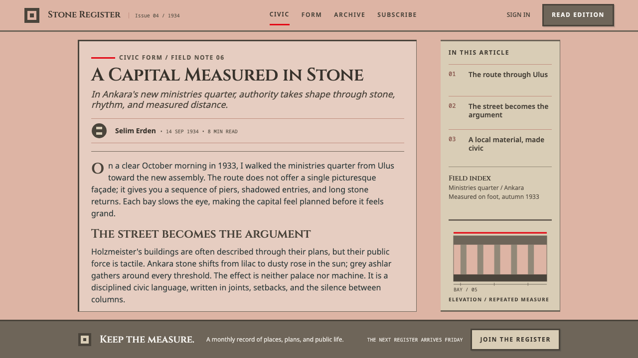Ankara Republican Architecture design style applied to a Article page