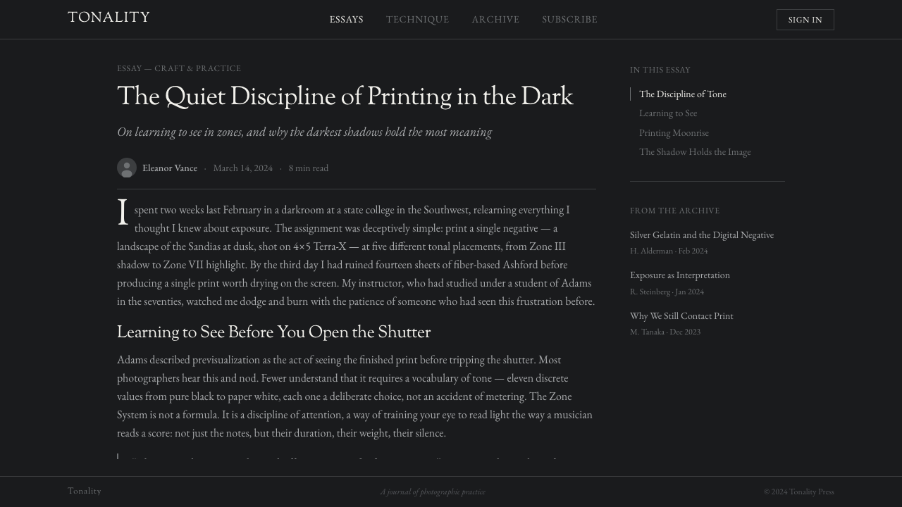 Ansel Adams Zone System design style applied to a Article page