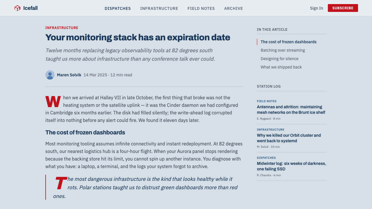 Antarctic Station design style applied to a Article page
