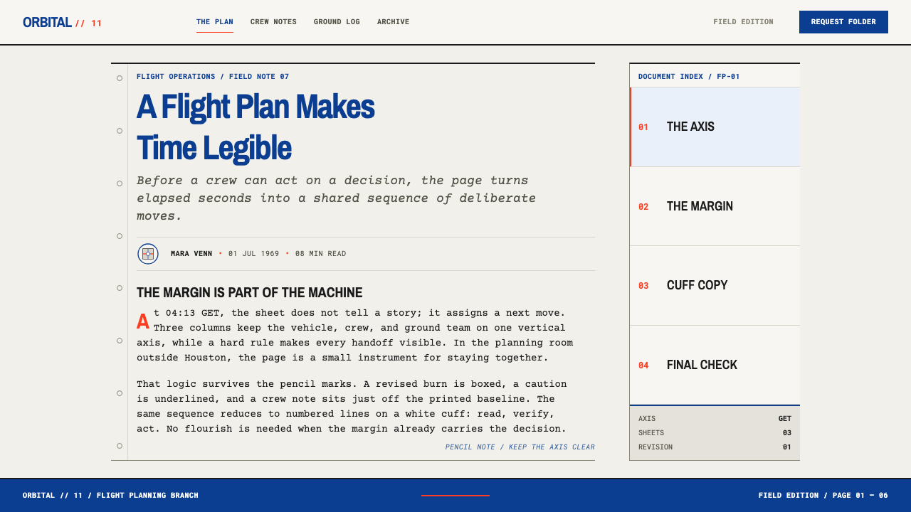 Apollo Flight Plan design style applied to a Article page