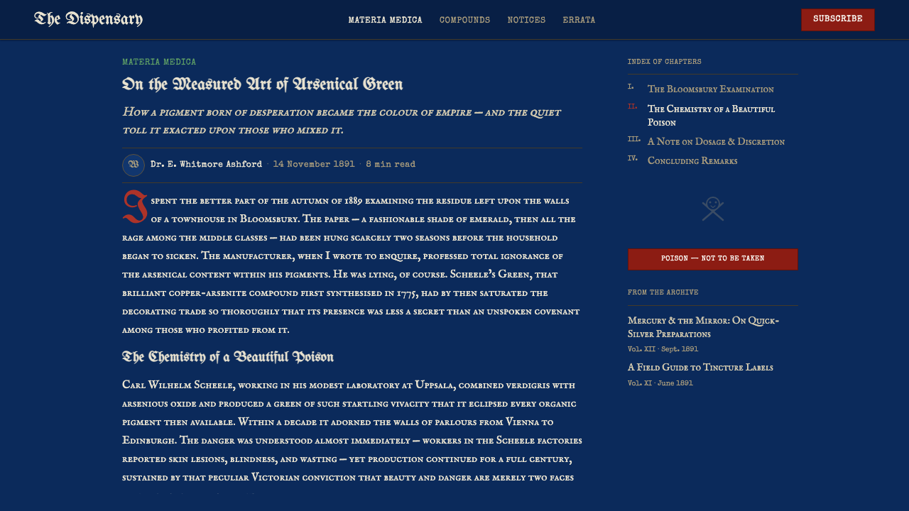 Apothecary Poison Label design style applied to a Article page