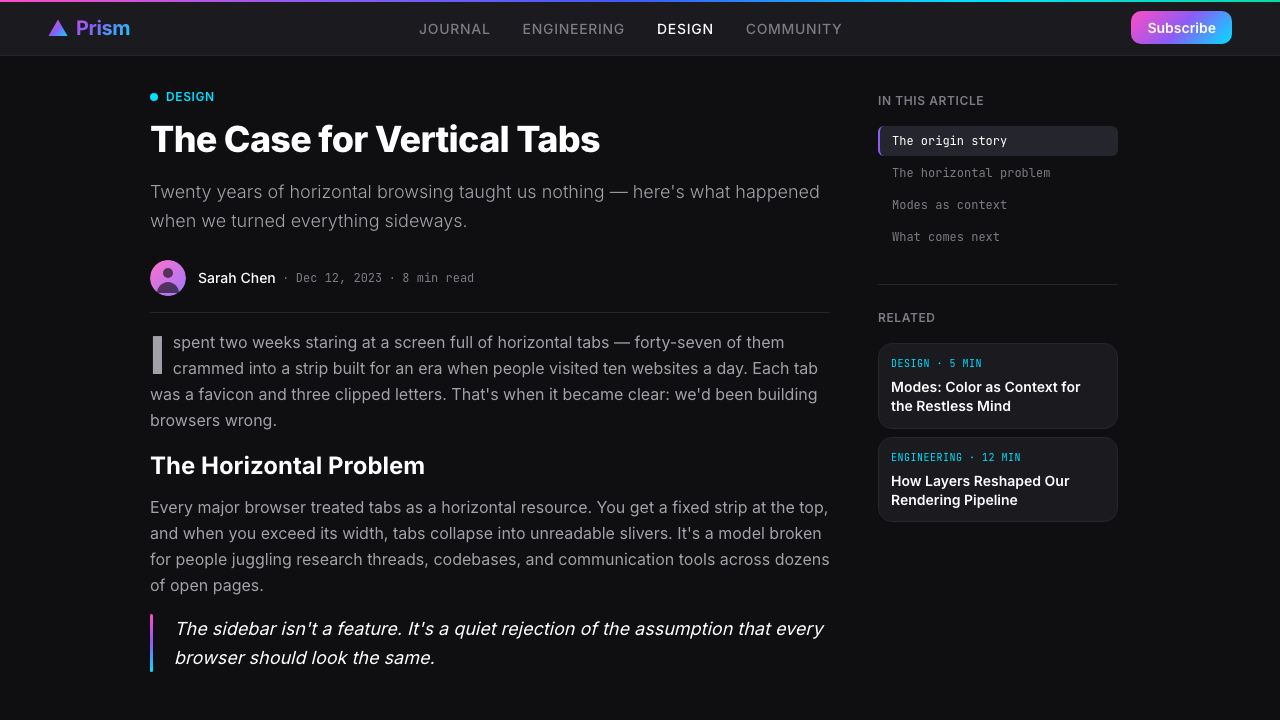 Arc Browser Prismatic (2023) design style applied to a Article page