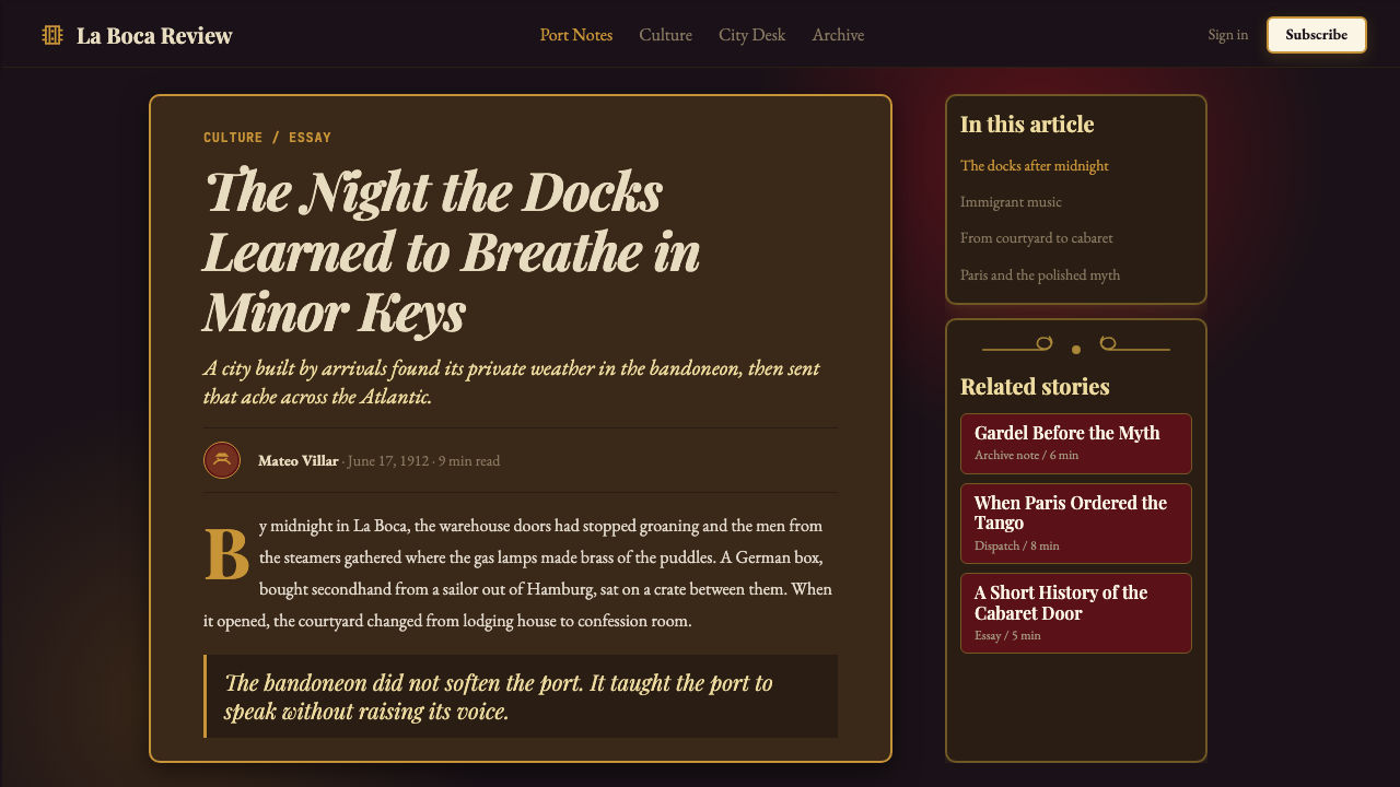 Argentine Bandoneón 1900 (Tango) design style applied to a Article page