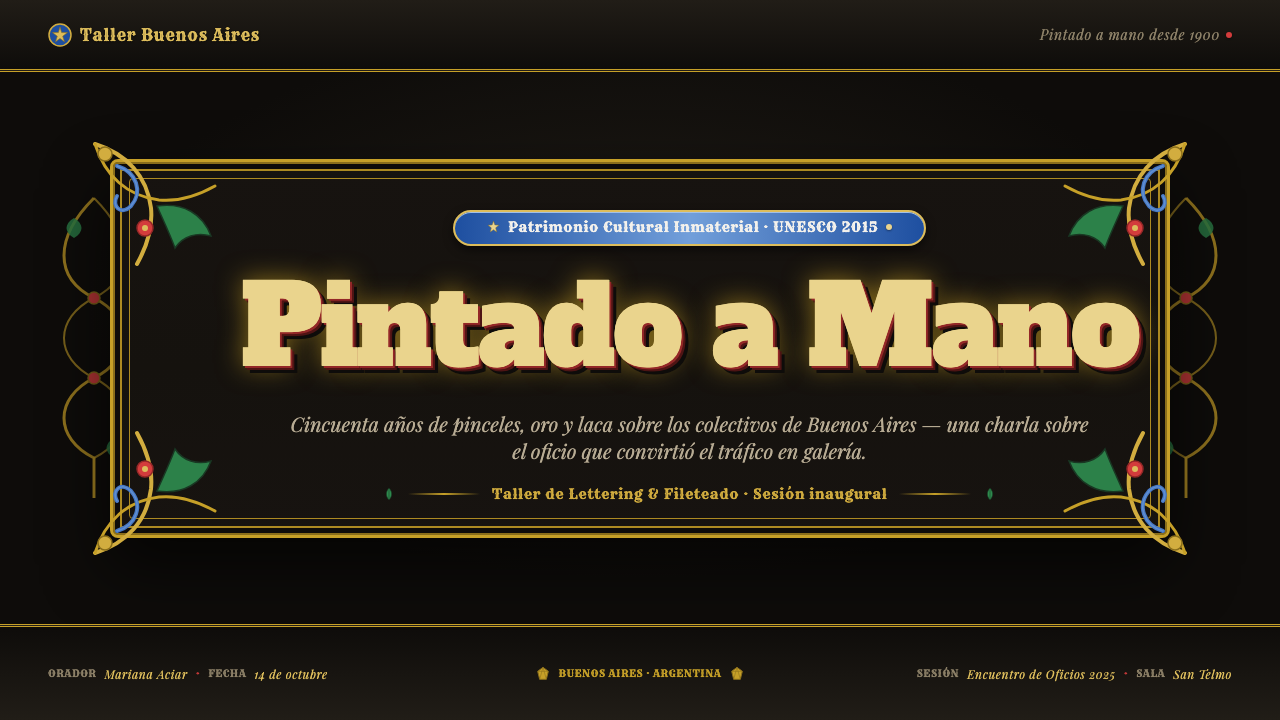 Fileteado Porteño Sign Art 设计风格用在幻灯片 · 封面上