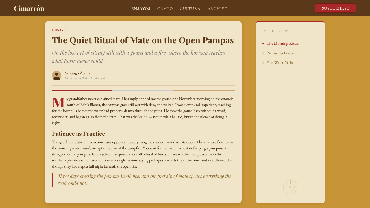 Argentine Gaucho (Pampas Mate Culture) design style applied to a Article page