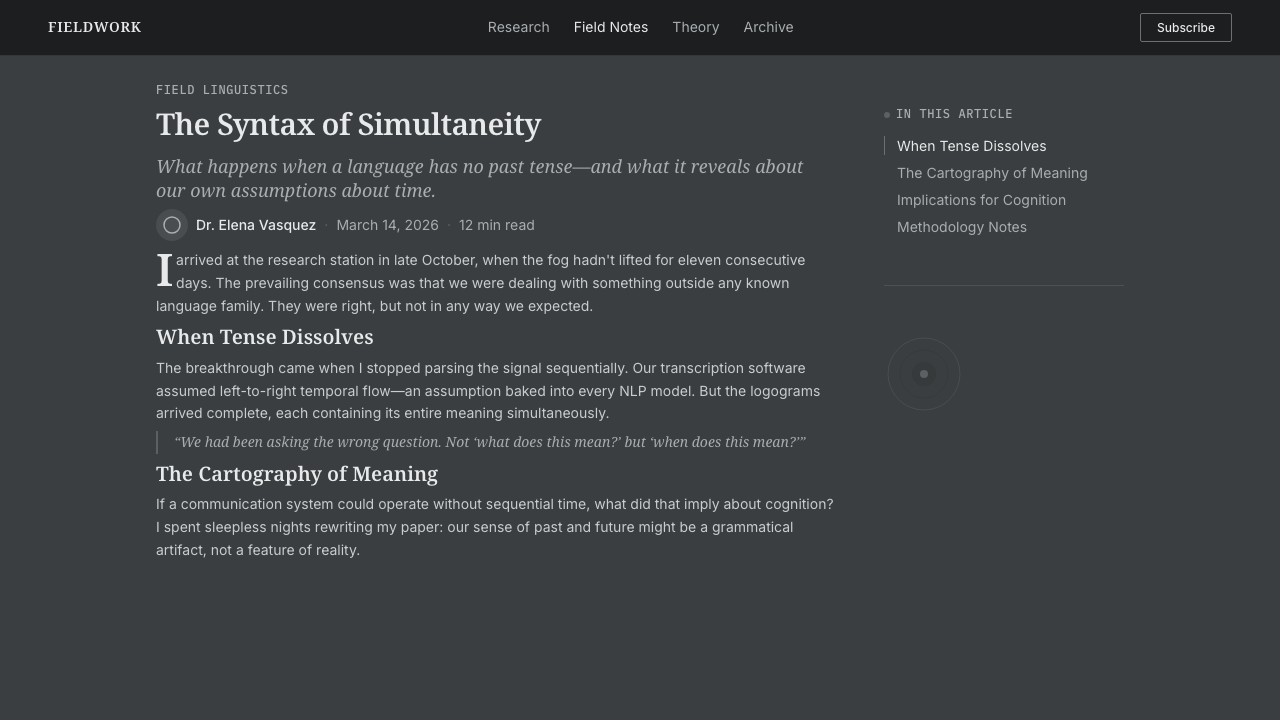 Arrival Logogram design style applied to a Article page