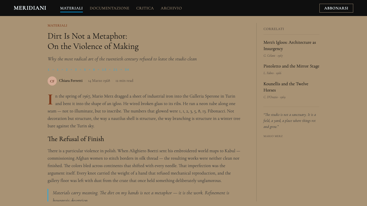 Arte Povera (Merz, 1968) design style applied to a Article page