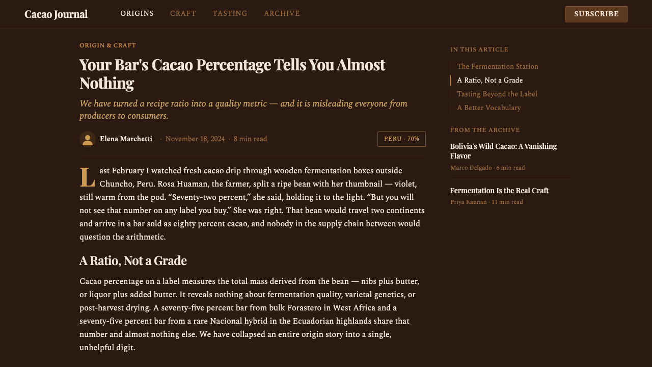 Bean-to-Bar Chocolate design style applied to a Article page