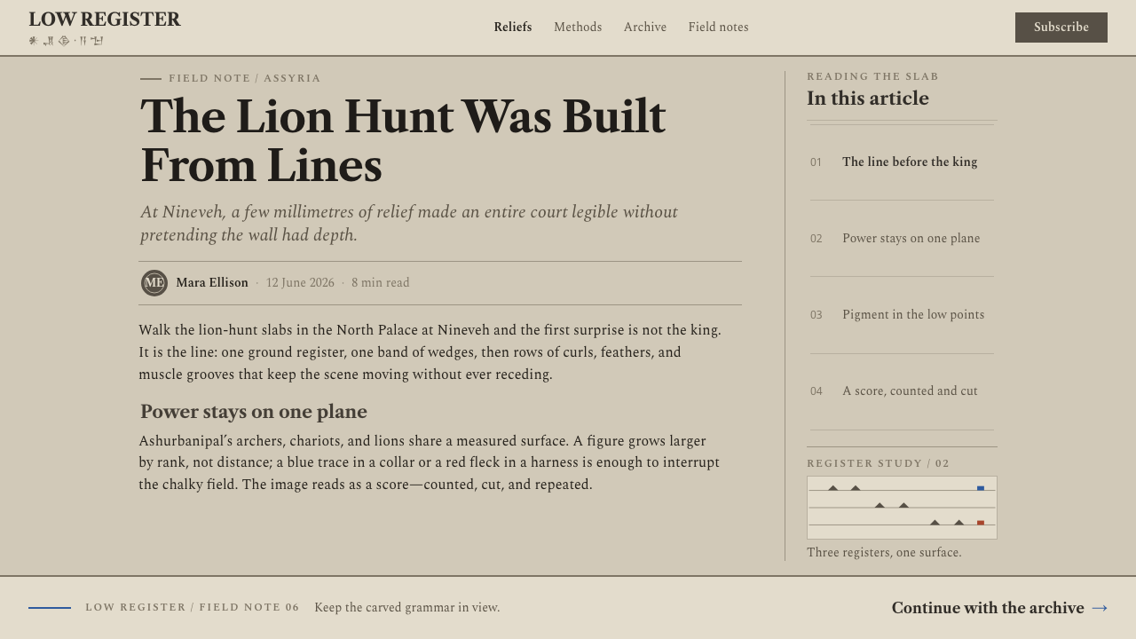 Assyrian Palace Relief design style applied to a Article page
