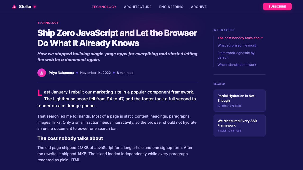 Astro Islands Architecture 2022 design style applied to a Article page