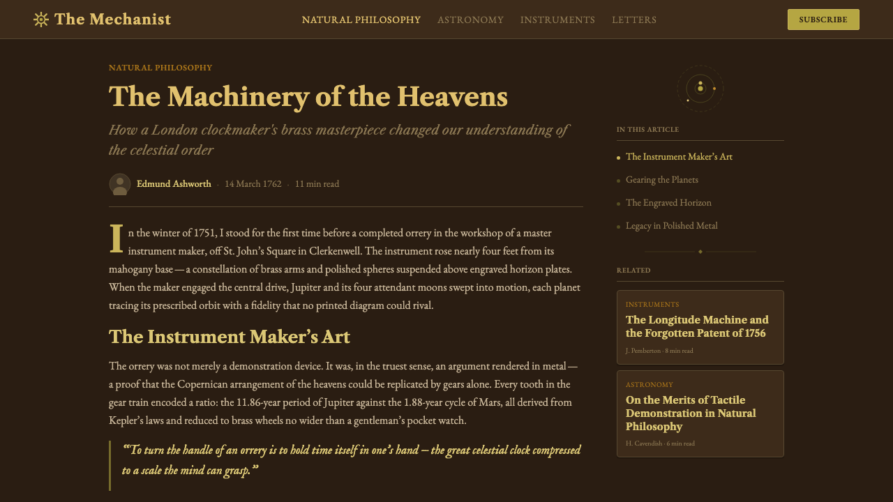 Brass Orrery design style applied to a Article page