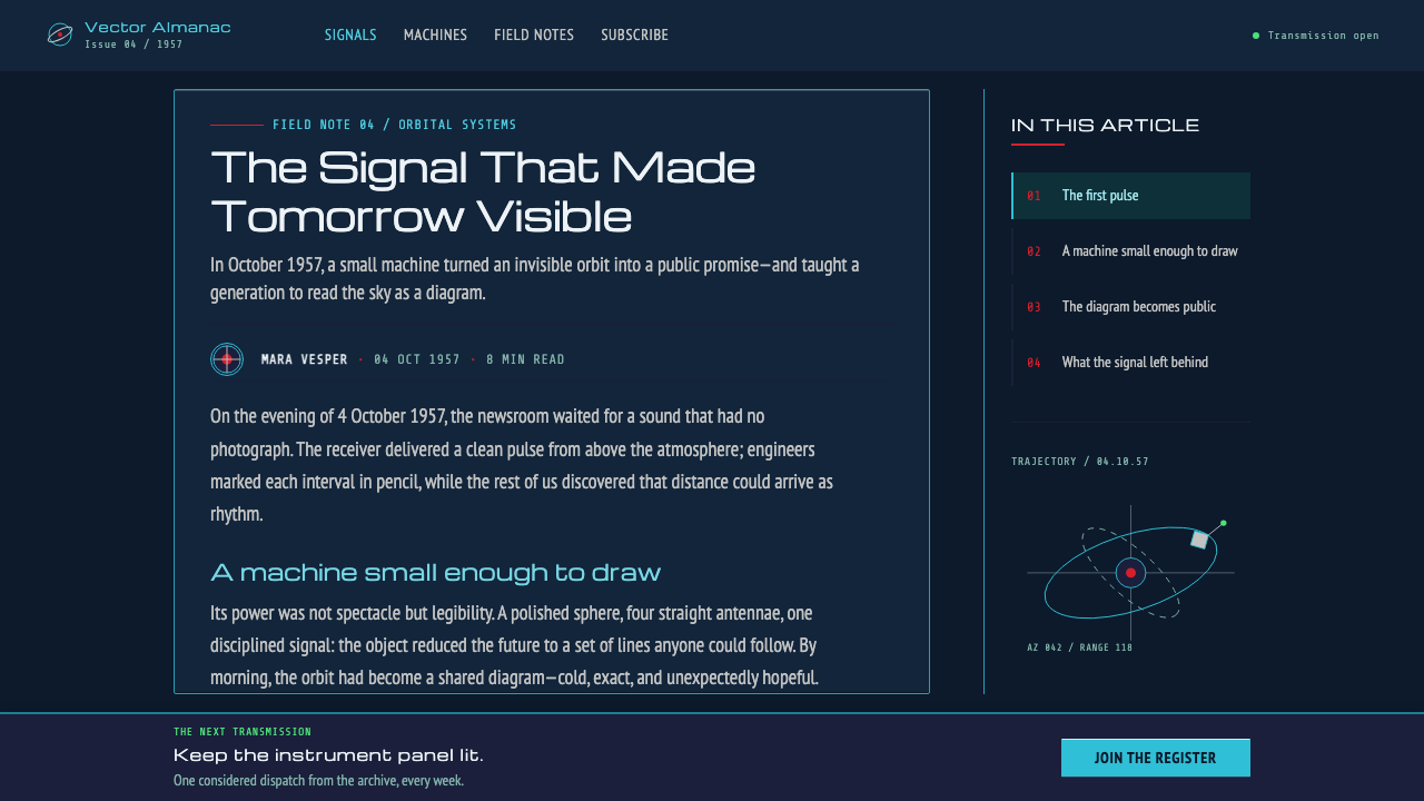 Atompunk Sputnik Era design style applied to a Article page