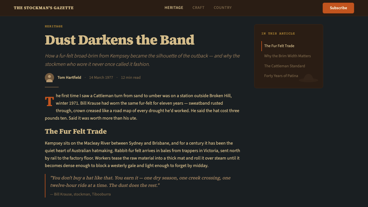 Akubra Outback (1970s Stockman) design style applied to a Article page