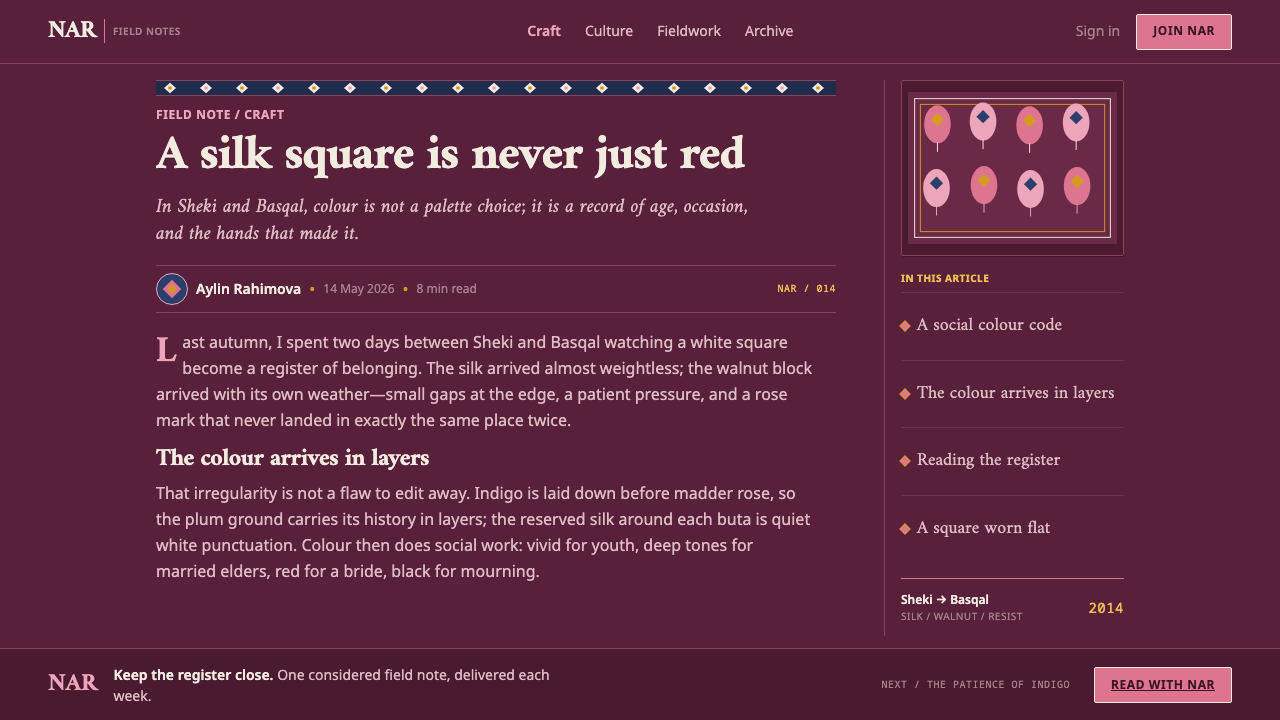 Kelaghayi Silk Scarf design style applied to a Article page