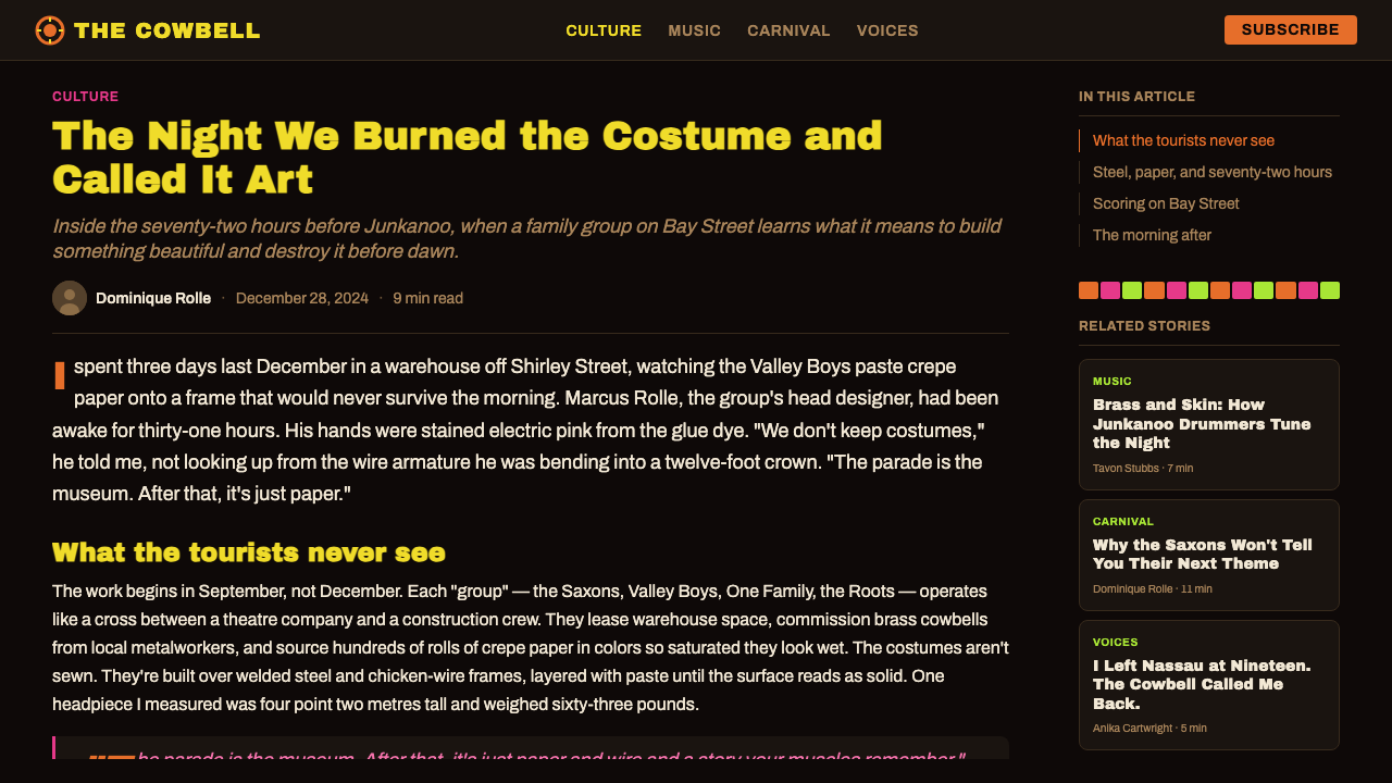 Bahamian Junkanoo Cowbell design style applied to a Article page