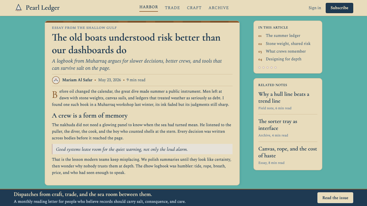 Bahraini Dhow Pearl-Diving Boat design style applied to a Article page