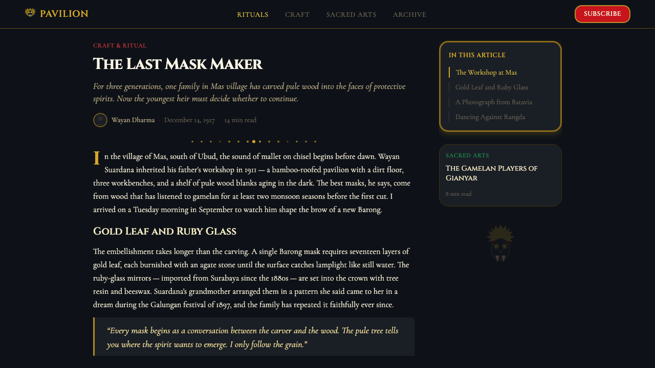 Balinese Barong Mask (1920) design style applied to a Article page