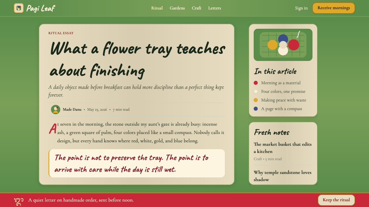 Balinese Canang Sari (Daily Offering) design style applied to a Article page