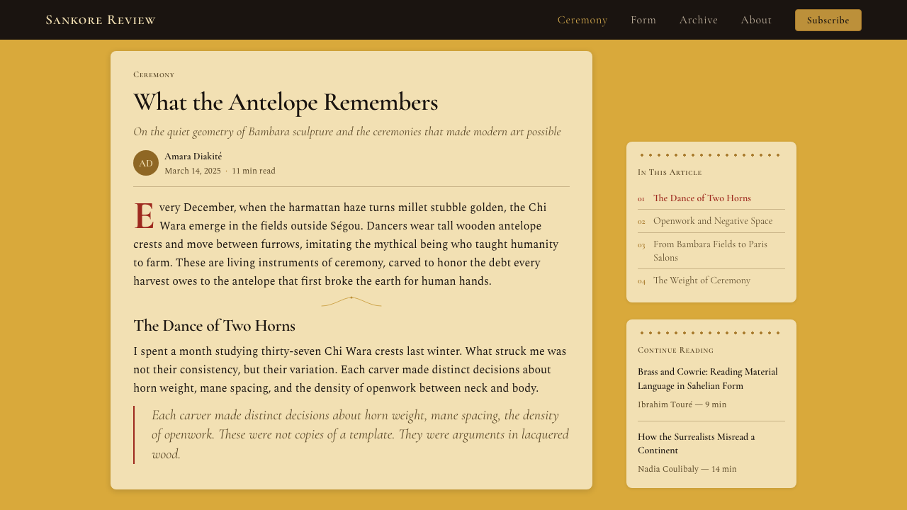Bambara Chi Wara Antelope design style applied to a Article page