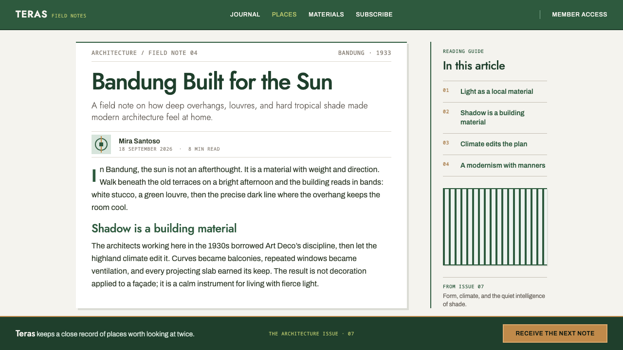 Bandung Tropical Art Deco design style applied to a Article page