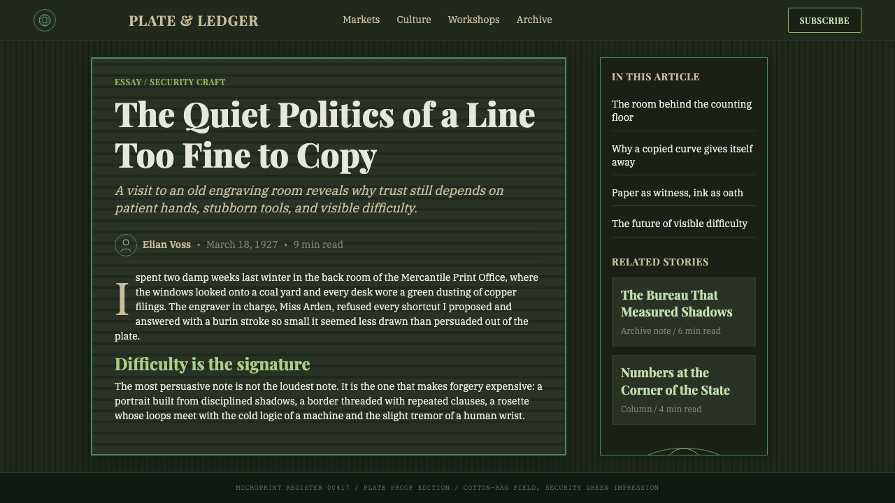 Banknote Guilloché design style applied to a Article page