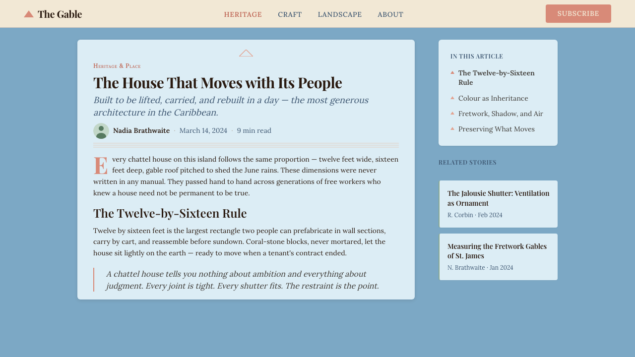 Barbadian Chattel House design style applied to a Article page