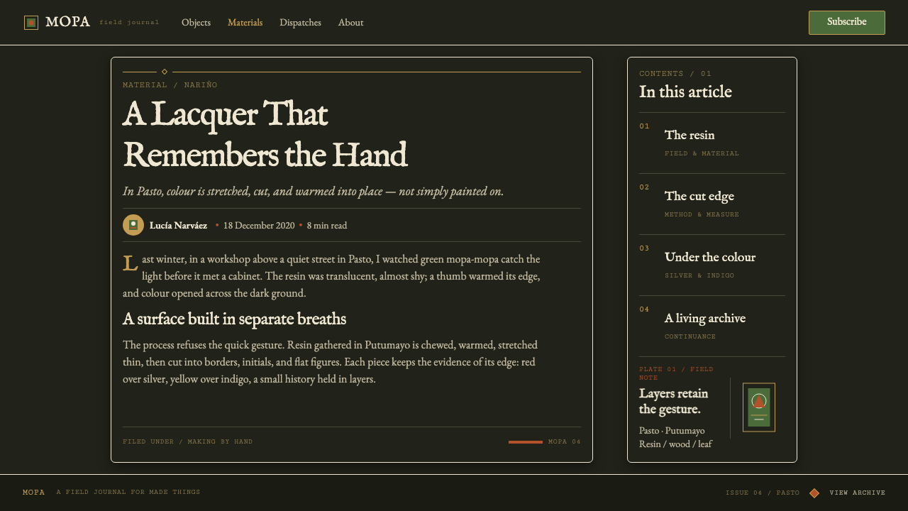 Barniz de Pasto design style applied to a Article page