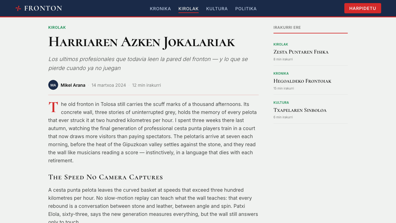 Basque Pelota Fronton Red & Green design style applied to a Article page