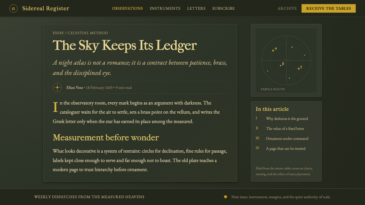 Bayer Uranometria design style applied to a Article page