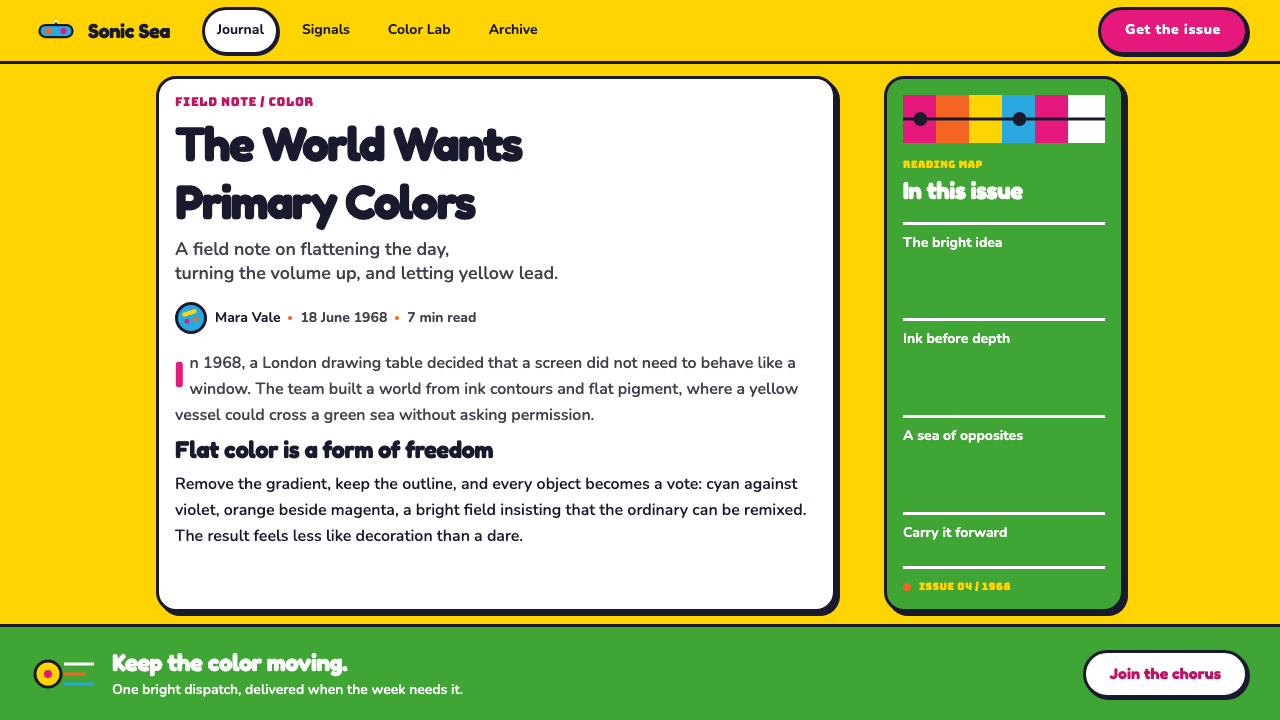 Yellow Submarine (Edelmann pop) design style applied to a Article page