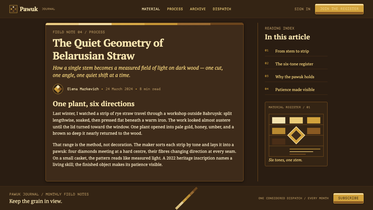 Belarusian Solomka design style applied to a Article page
