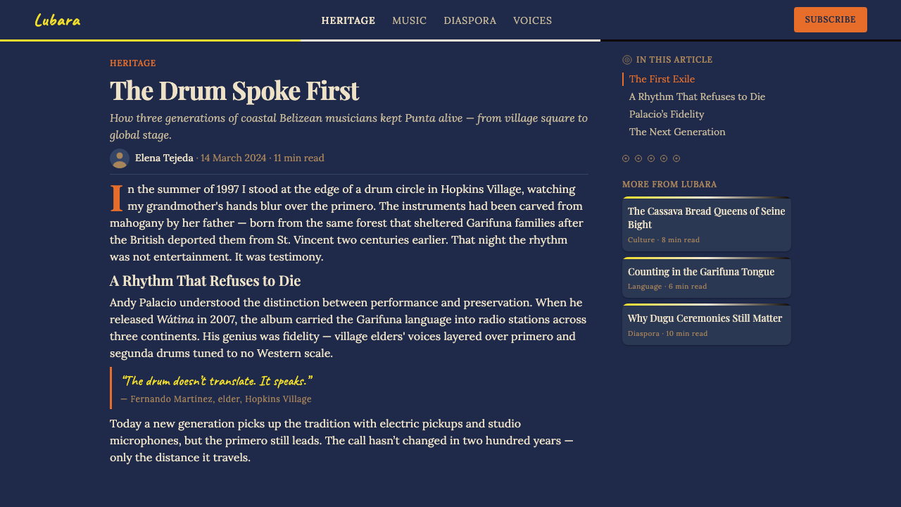 Belizean Garifuna Punta design style applied to a Article page