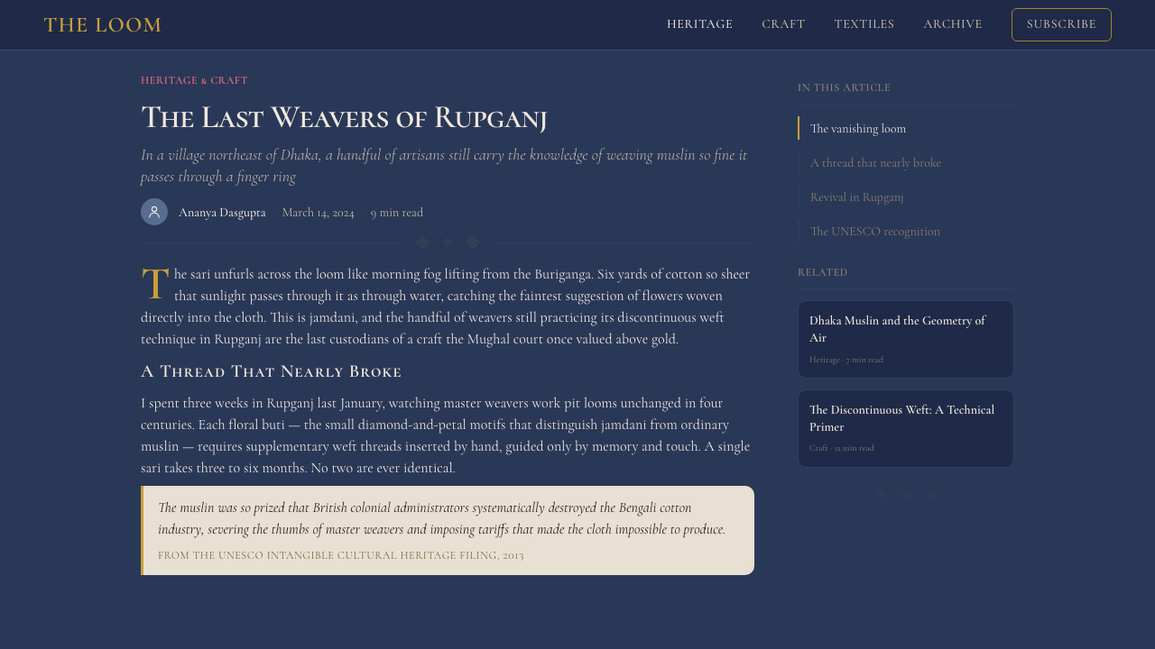 Bengali Jamdani Muslin design style applied to a Article page