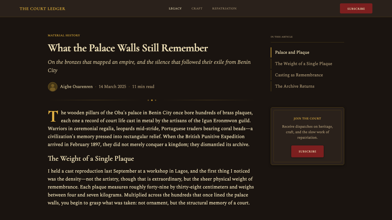 Benin Bronze Oba Court design style applied to a Article page