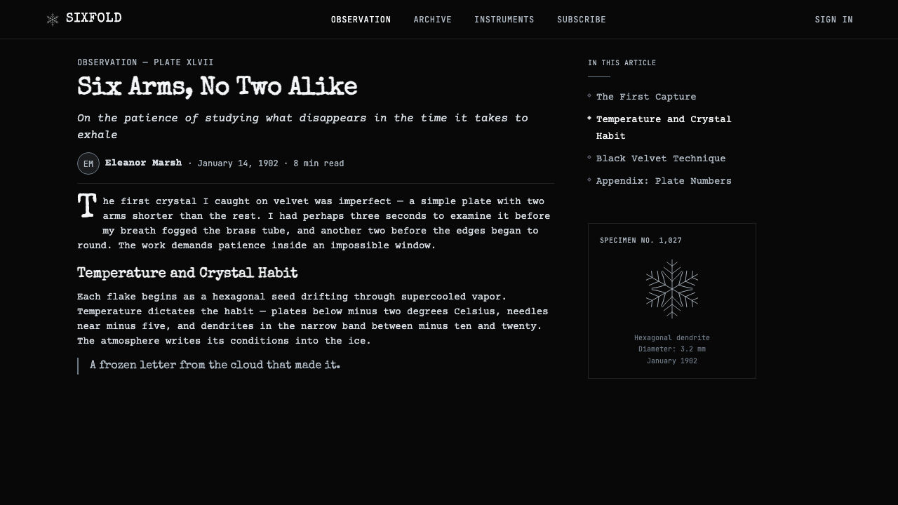 Bentley Snowflake design style applied to a Article page
