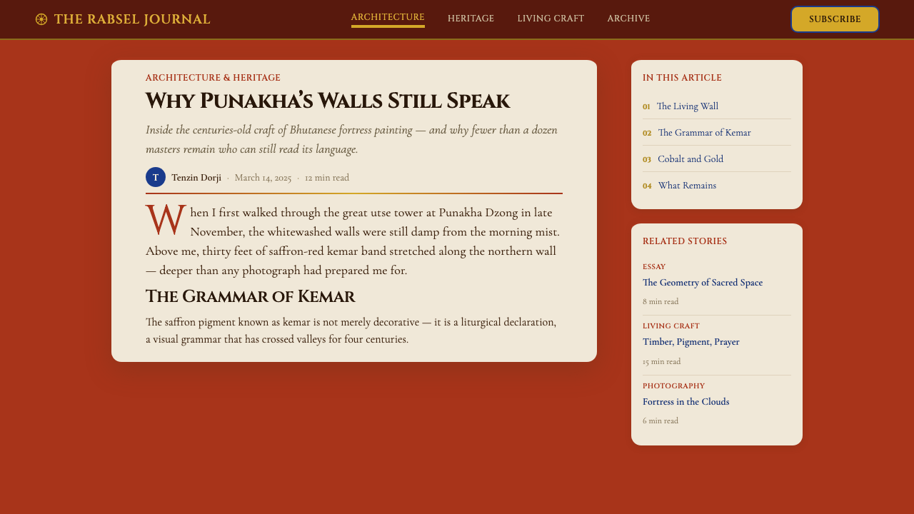 Bhutanese Dzong (Fortress Red) design style applied to a Article page
