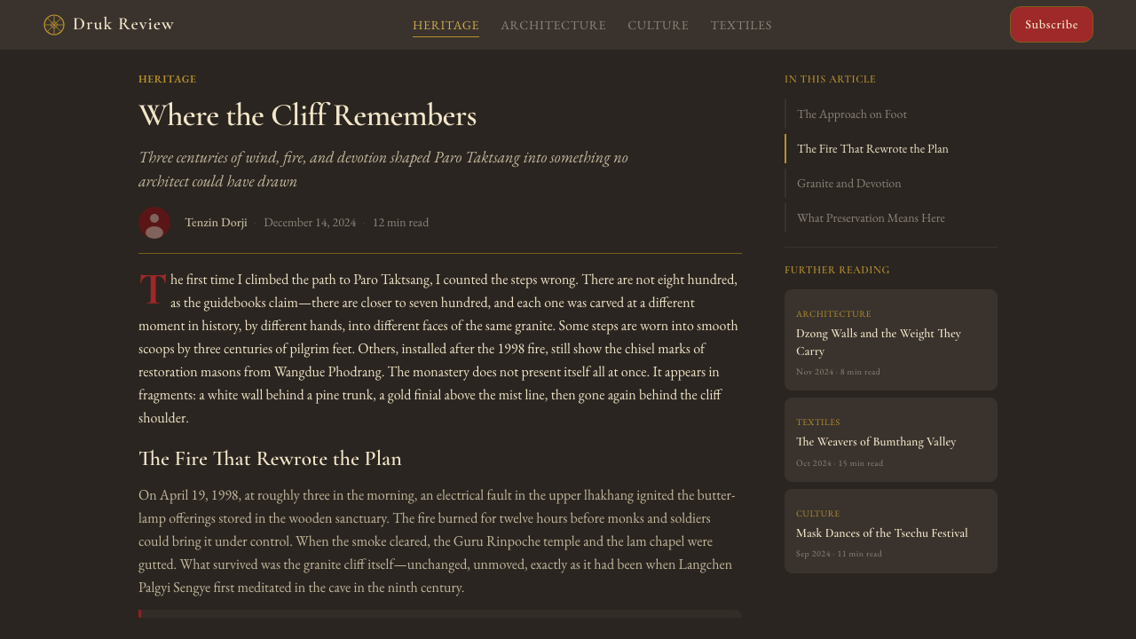 Bhutanese Tiger's Nest Cliff Monastery design style applied to a Article page