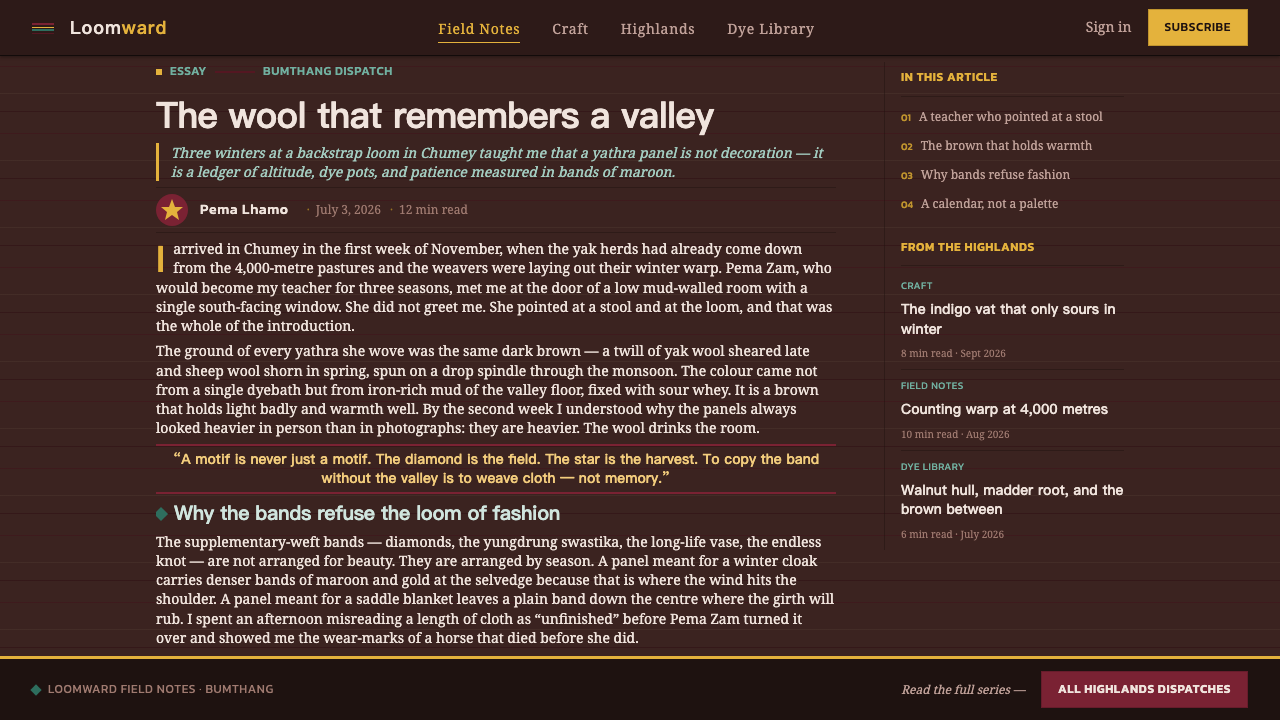 Bhutanese Yathra Wool Weave design style applied to a Article page