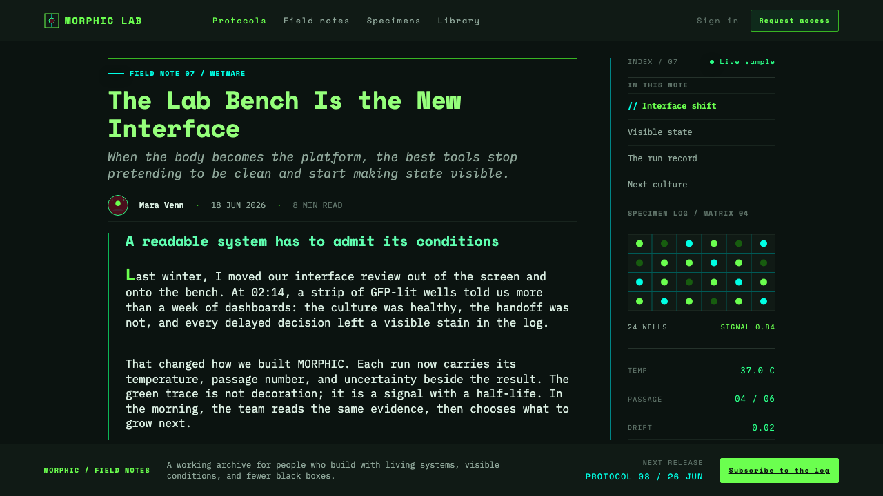 Biopunk Wetware design style applied to a Article page